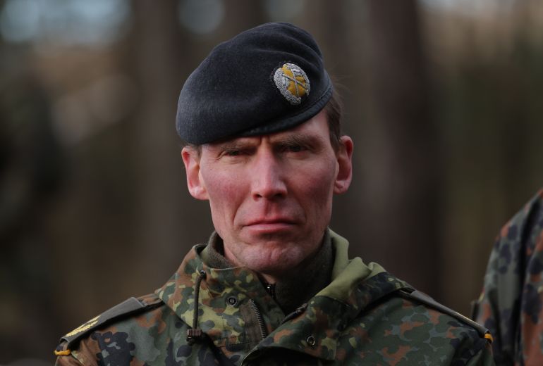 KLIETZ, GERMANY - FEBRUARY 23: German Brigadier General Christian Freuding of the Bundeswehr looks on during a visit by government officials at a military training center used for training Ukrainian military personnel on February 23, 2024 near Klietz, Germany. The Bundeswehr, Germany's armed forces, along with Dutch trainers, is training Ukrainians on the Leopard 1A5 main battle tank and the Marder infantry fighting vehicle as part of an ongoing program to supply Ukraine with weaponry. Tomorrow will mark the 2nd anniversary of Russia's invasion of Ukraine as Russian forces appear to be gaining momentum against munitions-starved Ukrainian defenders. (Photo by Sean Gallup/Getty Images)