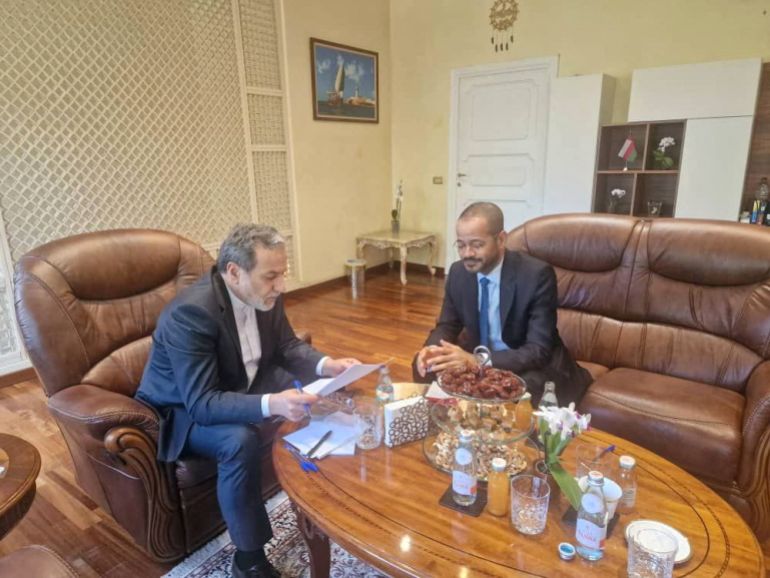 reuters_6833988c-1748211852 Iran's Foreign Minister Abbas Araghchi meets with Oman's Foreign Minister Sayyid Badr al-Busaidi at the Omani Embassy in Rome, Italy, May 23, 2025. Iranian Foreign Ministry/WANA (West Asia News Agency)/Handout via REUTERS ATTENTION EDITORS - THIS PICTURE WAS PROVIDED BY A THIRD PARTY.