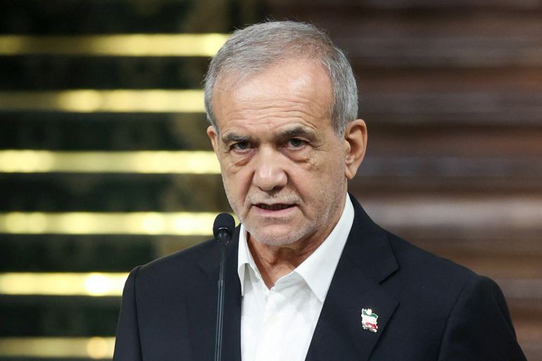 reuters_683f5278-1748980344 Iranian President Masoud Pezeshkian speaks during a joint press conference with Pakistan's Prime Minister Shehbaz Sharif (not pictured) in Tehran, Iran, May 26, 2025. Iran's presidential website/WANA (West Asia News Agency)/Handout via REUTERS ATTENTION EDITORS - THIS PICTURE WAS PROVIDED BY A THIRD PARTY