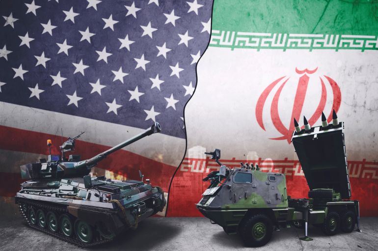 World War 3 illustration concept with tank & missile carrier standing in USA & Iran flags background