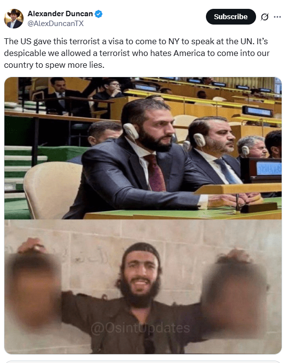 1-1759049331 تغريدة نشرها المرشح الجمهوري لمجلس الشيوخ أليكسند دونكان يهاجم فيها الشرع (إكس)