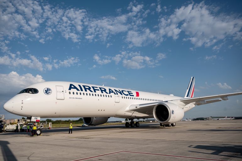 33pf3aj-highres-1691822726 This picture taken on July 18, 2023, shows the new Air France Airbus A350 airplane at the Roissy-Charles-de-Gaulle airport in Roissy-en-France, near Paris. (Photo by BERTRAND GUAY / AFP)