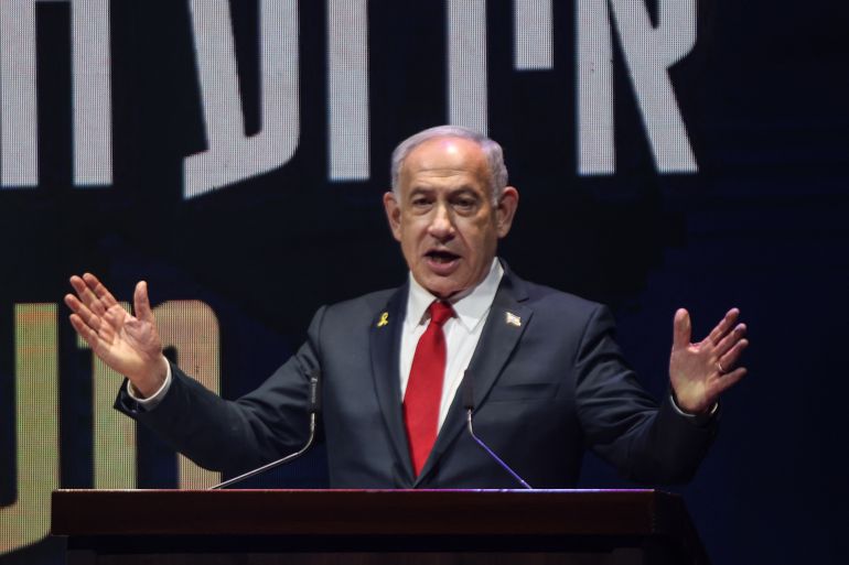 Israeli Prime Minister Benjamin Netanyahu delivers a speech during a signing ceremony for a framework agreement, aiming to speed up development in the Israeli settlement of Maale Adumim, in the occupied-West Bank settlement on September 11, 2025. In August 2025, Israel approved a major settlement project in an area of the occupied West Bank that the international community has warned threatens the viability of a future Palestinian state. The plans include the building of around 3,400 homes on the ultra-sensitive tract of land, which lies between Jerusalem and the Israeli settlement of Maale Adumim. (Photo by Menahem KAHANA / AFP)