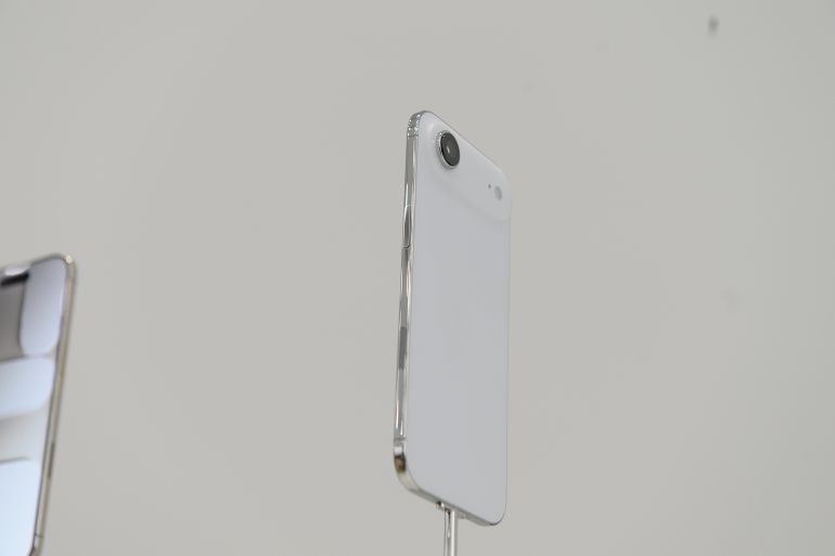 09 September 2025, USA, Cupertino: A device of the thinner iPhone Air is seen at the presentation at Apple headquarters. Photo: Andrej Sokolow/dpa (Photo by Andrej Sokolow/picture alliance via Getty Images)