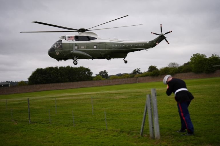 U.S. President Donald Trump and first lady Melania Trump arrive in Marine One at Windsor Castle, on day one of the president's second state visit to the country, Windsor, Britain, September 17, 2025. Aaron Chown/Pool via REUTERS