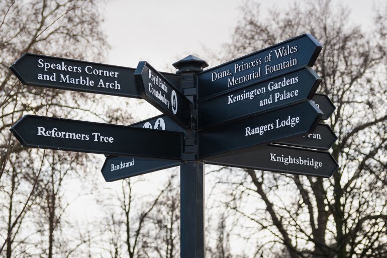 56yrth-1759070049 LONDON, UK - DECEMBER 30, 2006: Crossroads sign in Hyde Park in