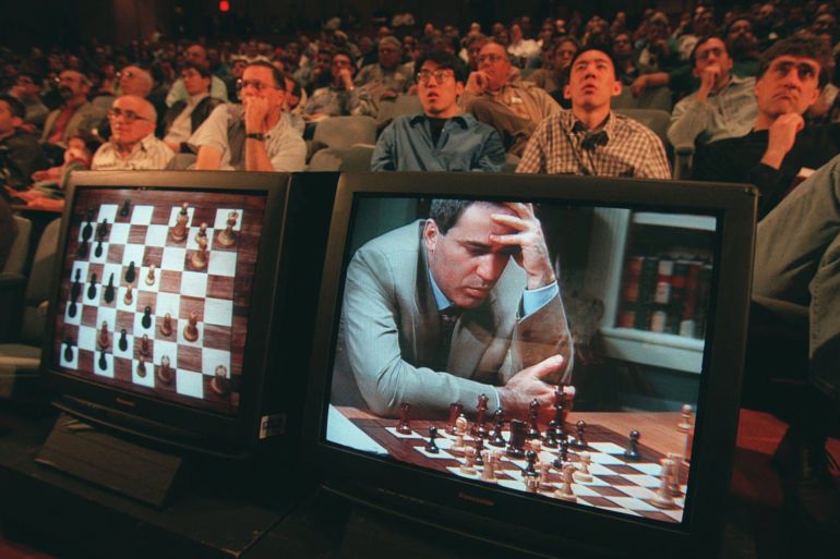 5/5/97, NEW YORK CITY, NEW YORK, UNITED STATES, Chess master Gary Kasparov in his rematch with the IBM computer deep blue, . (Photo by Najlah Feanny/Corbis via Getty Images)
