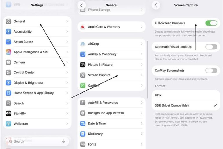 تغيير خيارات لقطة الشاشة في "آي أو إس 26"