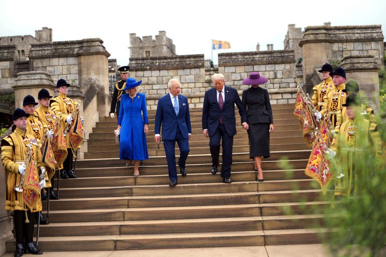 U.S. President Donald Trump and First Lady Melania Trump participate in a Windsor Castle East Lawn Ceremony with King Charles and Her Majesty Queen Camilla of the United Kingdom of Great Britain, Wednesday, Sept, 17, 2025. Doug Mills/The New York Times/Pool via REUTERS