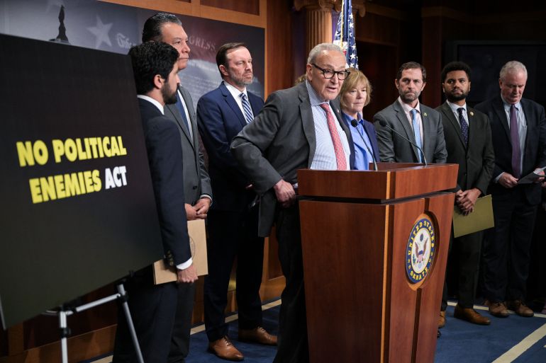US Senate Minority Leader Chuck Schumer (C), Democrat from New York, speaks during a news conference with Democratic lawmakers on free speech legislation, at the US Capitol in Washington, DC, on September 18, 2025.
