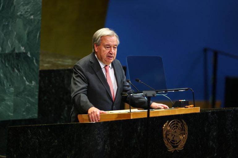 UN Secretary General Antonio Guterres speaks during a United Nations Summit on Palestinians at UN headquarters during the United Nations General Assembly (UNGA) in New York on September 22, 2025.