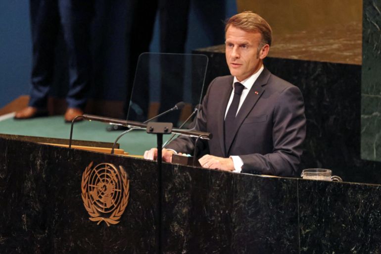France's President Emmanuel Macron speaks during a United Nations Summit on Palestinians at UN headquarters during the United Nations General Assembly (UNGA) in New York on September 22, 2025.