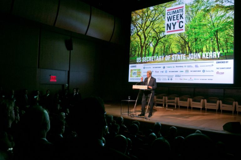 U.S. Secretary of State John Kerry delivers remarks at a NYC Climate Week opening event, at the Morgan Library in New York, Monday, Sept. 22, 2014. (AP Photo/Richard Drew)