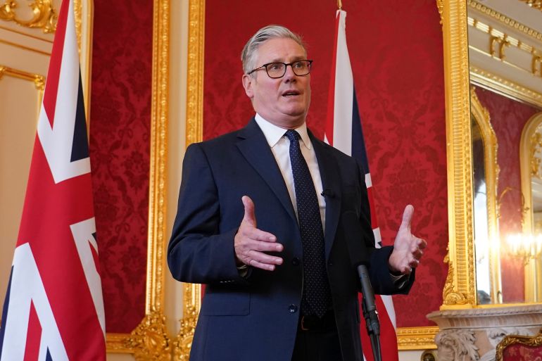 Britain's Prime Minister Keir Starmer speaks as he hosts representatives of the Civil Nuclear industry at a reception at Lancaster House in London, Monday, Sept. 15, 2025 to mark the announcement of a new UK-US partnership on nuclear.(AP Photo/Alberto Pezzali, Pool)