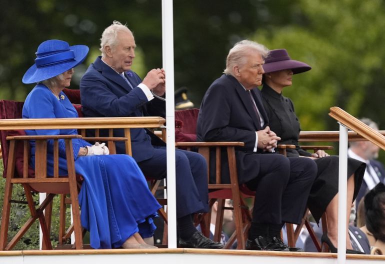 From left, Britain's Queen Camilla, Britain's King Charles III, U.S. President Donald Trump and First Lady Melania Trump during a Beating Retreat military ceremony at Windsor Castle, England, on Wednesday Sept. 17, 2025, day one of U.S. President Donald Trump's second state visit to the UK. (Andrew Matthews/PA via AP, Pool)