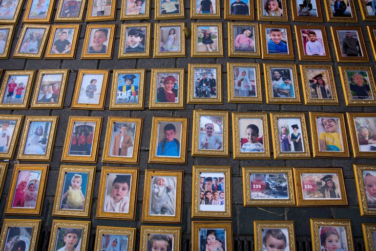 Photos of Palestinian children killed during the Israeli air and ground operations in the Gaza Strip are displayed during a pro-Palestinians protest, in Istanbul, Turkey, Saturday, Sept. 27, 2025. (AP Photo/Emrah Gurel)
