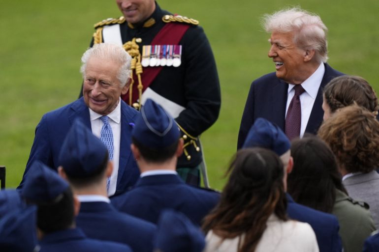 US President Donald Trump and King Charles III react following a Beating Retreat military ceremony at Windsor Castle, Berkshire, on day one of the president's second state visit to the UK. Picture date: Wednesday September 17, 2025. Jordan Pettitt/Pool via REUTERS