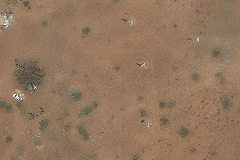 A satellite image shows long-range 'suicide' drones and launching gear north of the airport in Nyala, Sudan, May 6, 2025. Maxar Technologies/Handout via REUTERS THIS IMAGE HAS BEEN SUPPLIED BY A THIRD PARTY. MANDATORY CREDIT. NO RESALES. NO ARCHIVES. MUST NOT OBSCURE LOGO.