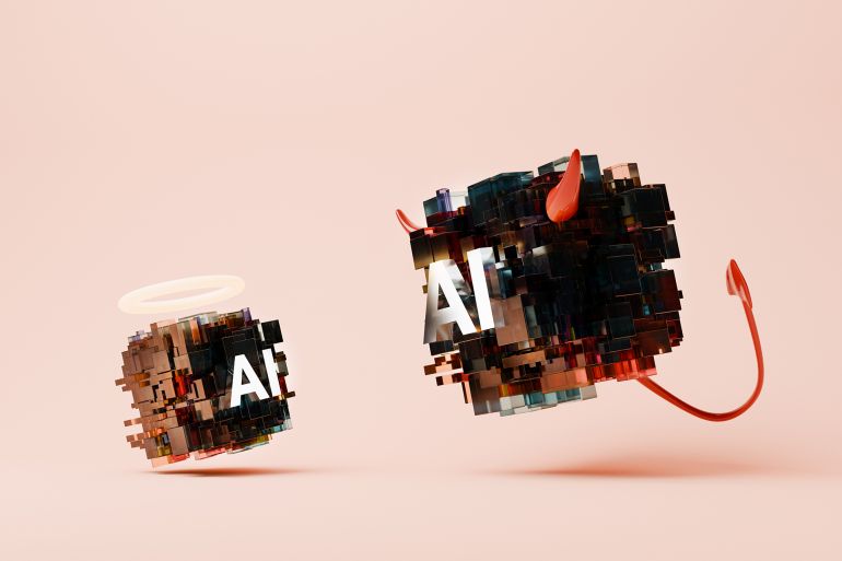 Conceptual image of a good and an evil AI face to face with the dangerous ai hovering over the safe AI