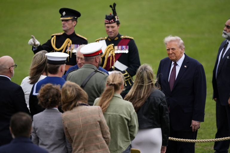 US President Donald Trump looks on while standing near King Charles III following a Beating Retreat military ceremony at Windsor Castle, Berkshire, on day one of the president's second state visit to the UK. Picture date: Wednesday September 17, 2025. Jordan Pettitt/Pool via REUTERS
