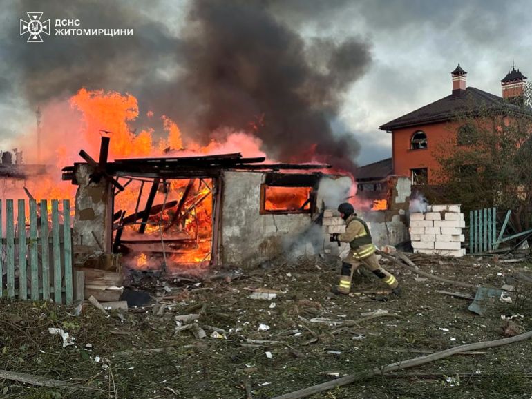 epa12366598 A handout photo released by the press service of the State Emergency Service (SES) of Ukraine shows Ukrainian rescuers working at the site of a drone strike on a private building in Zhytomyr, northwestern Ukraine, 10 September 2025, amid the Russian invasion. At least one person was killed and five others were injured after Russian forces launched an overnight attack over Ukraine with more than 400 drones and 40 missiles, according to the State Emergency Service of Ukraine. EPA/STATE EMERGENCY SERVICE OF UKRAINE HANDOUT -- BEST QUALITY AVAILABLE -- MANDATORY CREDIT: STATE EMERGENCY SERVICE OF UKRAINE -- HANDOUT EDITORIAL USE ONLY/NO SALES