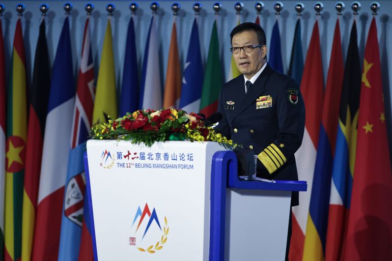 epa_68cba1c4b02b-1758175684 epa12386099 Minister of National Defense of China Admiral Dong Jun delivers a speech during the opening ceremony of the 12th Beijing Xiangshan Forum in Beijing, China, 18 September 2025. The 12th Beijing Xiangshan Forum is held between 17 and 19 September 2025. EPA/ANDRES MARTINEZ CASARES
