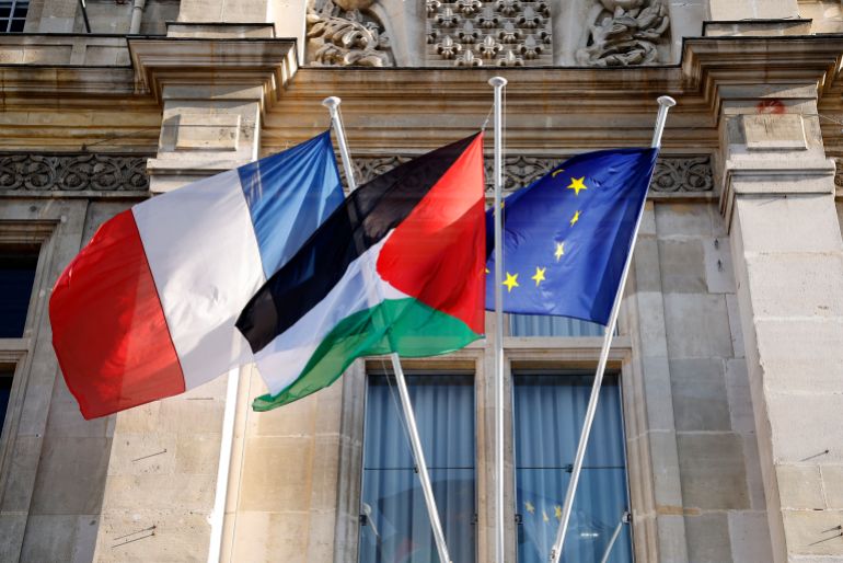 epa_68d178347a1e-1758558260 epa12397156 The Saint-Denis mayor's house flies the Palestinian flag (C) on its facade next to the French (L) and European Union (R) flags, in Saint-Denis, France, 22 September 2025. Several French mayors are defying government neutrality orders to display Palestinian flags on town halls and other public buildings ahead of a formal state recognition. After Canada, the United Kingdom, Australia, and Portugal, France will officially recognize the State of Palestine on 22 September 2025, with a speech by French President Macron at the United Nations (UN) General Assembly. EPA/YOAN VALAT