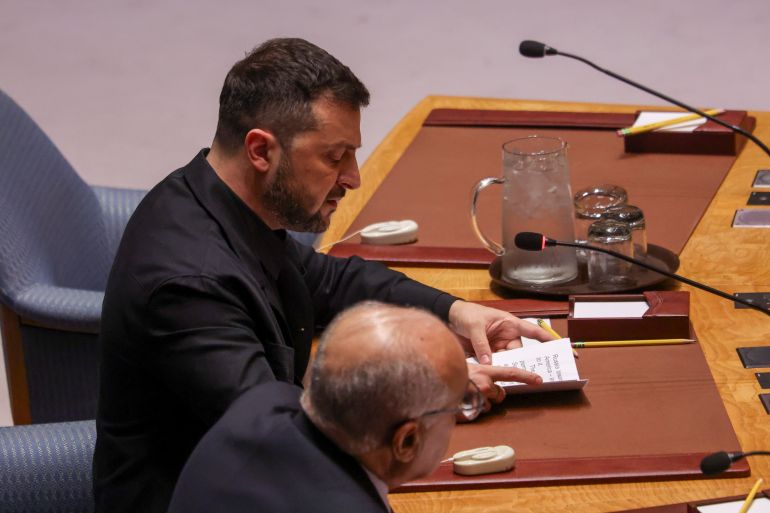 epa12400766 Ukrainian President Volodymyr Zelensky speaks during a Security Council meeting on Ukraine amid the United Nations General Assembly (UNGA) at the United Nations headquarters in New York, New York, USA, 23 September 2025. EPA/SARAH YENESEL