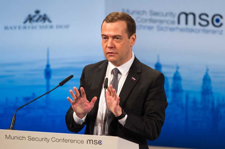 MUNICH, GERMANY - FEBRUARY 13: Russian Prime Minister Dmitry Medvedev speaks at the 2016 Munich Security Conference at the Bayerischer Hof hotel on February 13, 2016 in Munich, Germany. The annual event brings together government representatives and security experts from across the globe and this year the conflict in Syria will be the main issue under discussion. (Photo by Lennart Preiss/Getty Images)