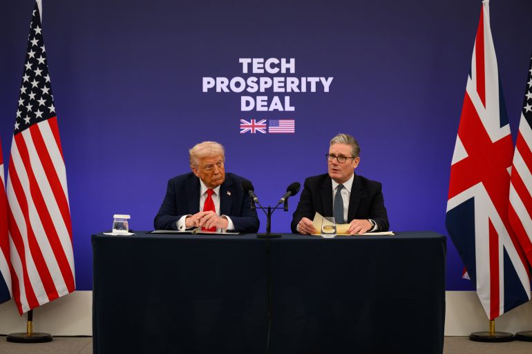 getty_68cfba8f07-1758444175 AYLESBURY, ENGLAND - SEPTEMBER 18: (L-R) U.S. President Donald Trump and UK Prime Minister Keir Starmer announce an agreement between the two countries as they hold a press conference conference at Chequers at the conclusion of a state visit on September 18, 2025 in Aylesbury, England. This is the final day of President Trump’s second UK state visit, with the previous one taking place in 2019 during his first presidential term. (Photo by Leon Neal/Getty Images)