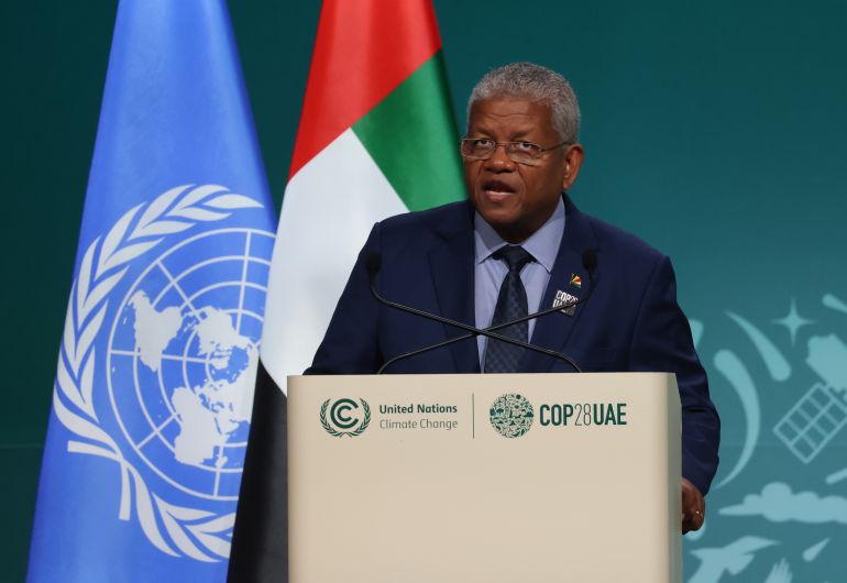 DUBAI, UNITED ARAB EMIRATES - DECEMBER 01: Wavel John Charles Ramkalawan, President of Seychelles, speaks during day one of the high-level segment of the UNFCCC COP28 Climate Conference at Expo City Dubai on December 1, 2023 in Dubai, United Arab Emirates. The COP28, which is running from November 30 through December 12, brings together stakeholders, including international heads of states and other leaders, scientists, environmentalists, indigenous peoples representatives, activists and others to discuss and agree on the implementation of global measures towards mitigating the effects of climate change. (Photo by Sean Gallup/Getty Images)