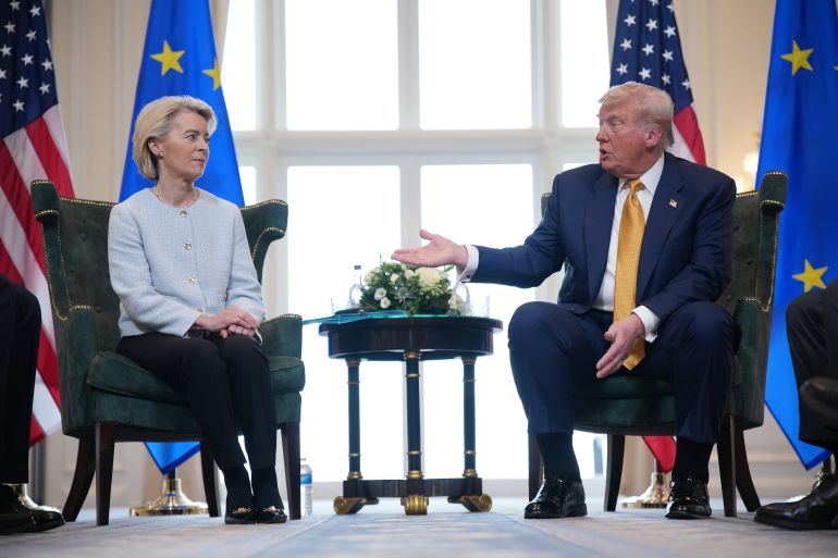 gettyimages-2226577442-1757500872 TURNBERRY, SCOTLAND - JULY 27: President of the European Commission Ursula von der Leyen meets with U.S. President Donald Trump at Trump Turnberry golf club on July 27, 2025 in Turnberry, Scotland. U.S. President Donald Trump is visiting his Trump Turnberry golf course, as well as Trump International Golf Links in Aberdeenshire, during a brief visit to Scotland from July 25 to 29. (Photo by Andrew Harnik/Getty Images)