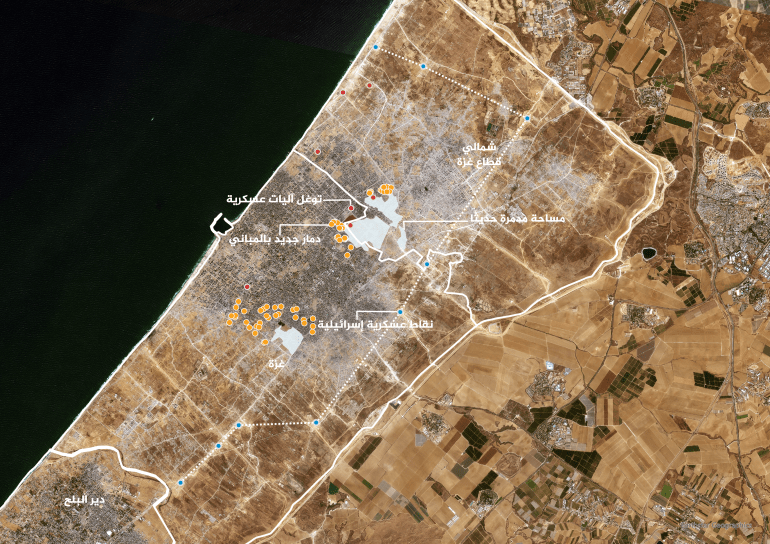 north-gaza-siege-1758699525 خريطة تظهر تطويق الجيش الإسرائيلي لمدينة غزة وسط أعمال نسف مستمرة (الجزيرة + بلانيت)