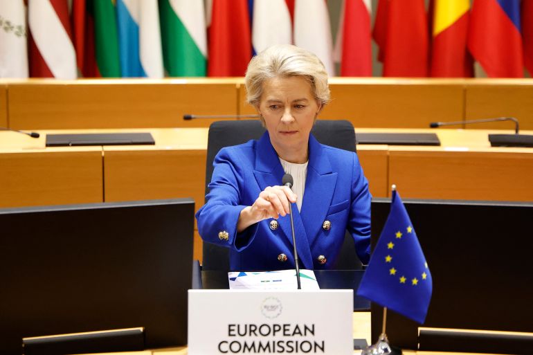picture-11143-1729091266 President of the European Commission Ursula von der Leyen attends a EU - Gulf Cooperation Council (GCC) summit in Brussels on October 16, 2024. - Avoiding a "general conflagration" in the Middle East will be top of the agenda when European Union and leaders of countries from the Gulf Cooperation Council (GCC), which brings together Bahrain, Kuwait, Oman, Qatar, Saudi Arabia and the United Arab Emirates, meet in Brussels on October 16, 2024. (Photo by Ludovic MARIN / AFP)