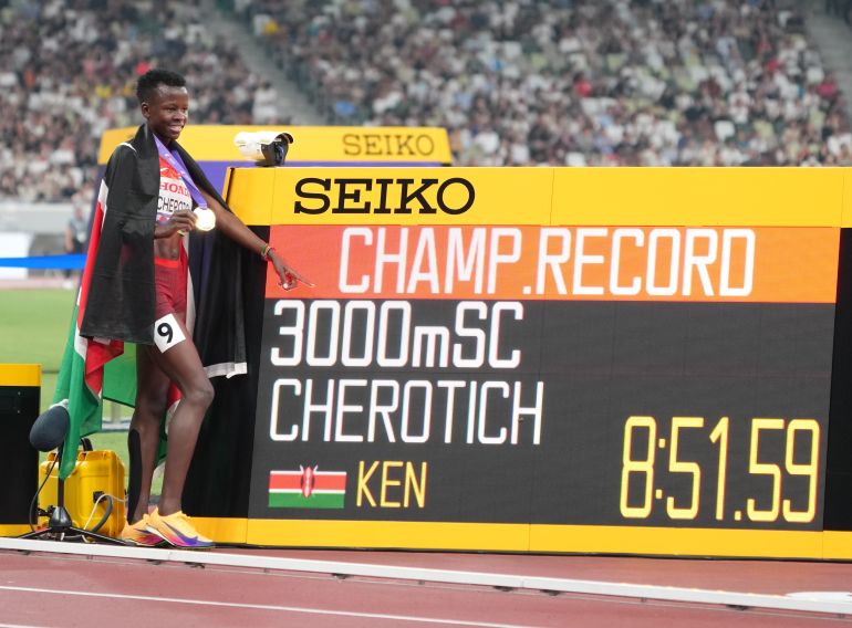 reuters_68cbaed8-1758179032 Sep 17, 2025; Tokyo, Japan; Faith Cherotich (KEN) celebrates after winning the gold medal in a championship record time in the women’s 3,000 meter steeplechase during the World Athletics Championships at National Stadium. Mandatory Credit: Kirby Lee-Imagn Images