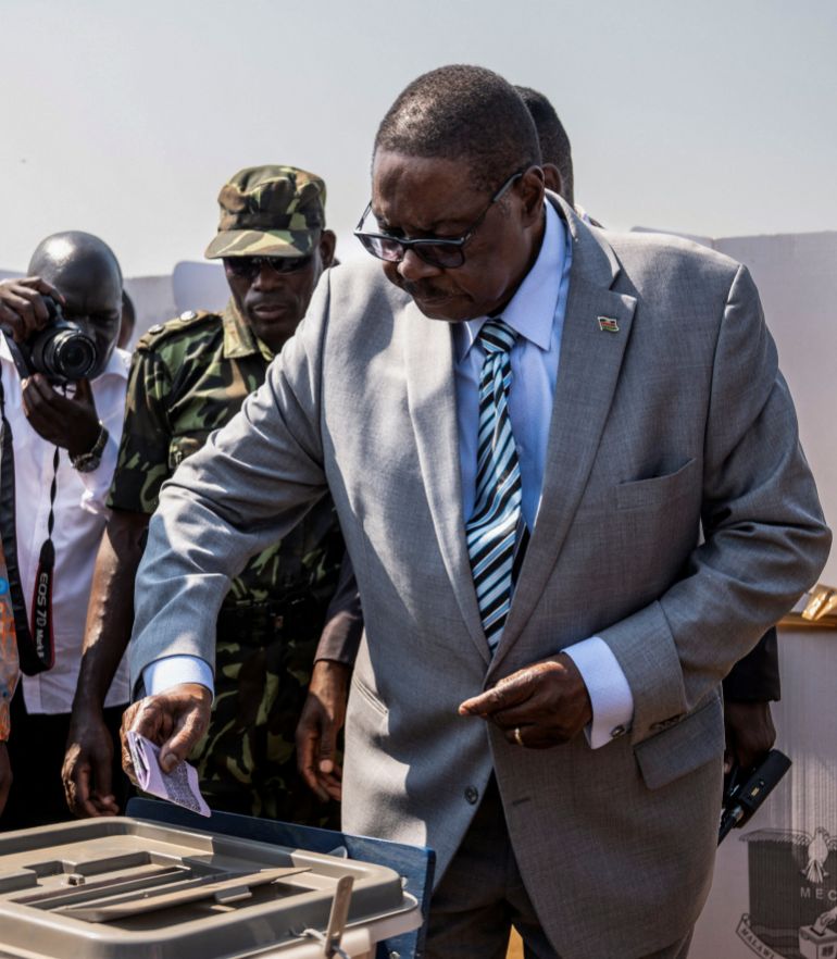 Malawi's presidential candidate and leader of the Democratic Progressive Party Peter Mutharika casts his vote during the general election at Thyolo District, south of Blantyre, Malawi, September 16, 2025. REUTERS/Stringer