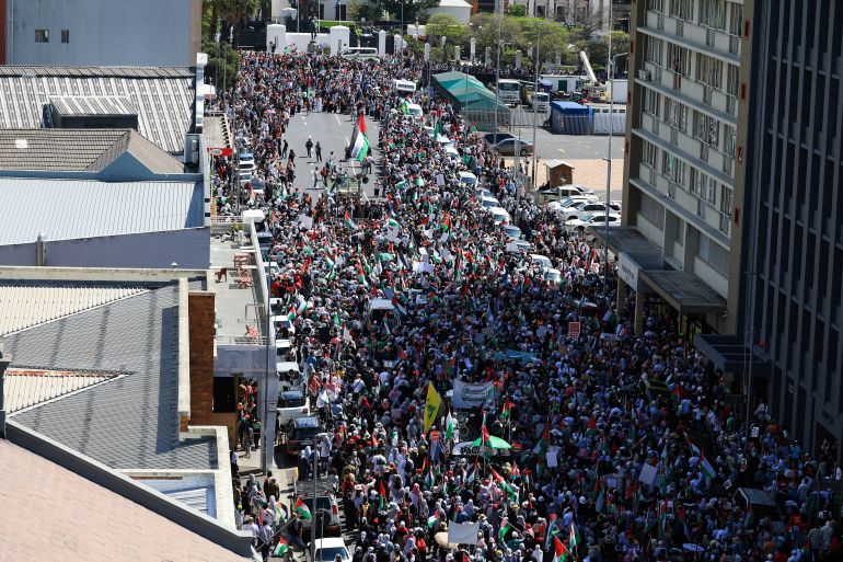 Demonstrators march towards South Africa's parliament during a protest to show support to Palestinians in the Gaza Strip, in Cape Town, South Africa, September 27, 2025. REUTERS/Esa Alexander