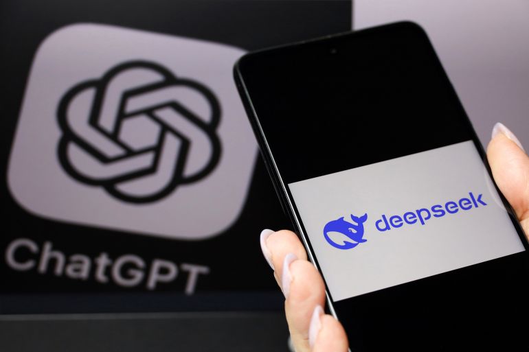 shutterstock_2580115887-1758114270 Sanya, China - February 2, 2025: DeepSeek Ai on smartphone screen in female hand and ChatGPT logo on computer display; Shutterstock ID 2580115887; purchase_order: aj; job: ; client: ; other: