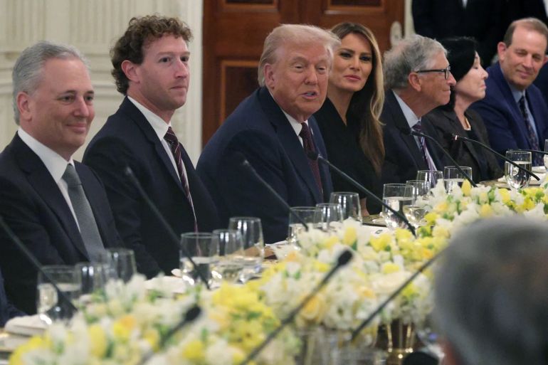 truuump-1758805052 WASHINGTON, DC - SEPTEMBER 04: U.S. President Donald Trump speaks as (L-4th L) White House “AI and Crypto Czar” David Scahs, Meta CEO Mark Zuckerberg, and first lady Melania Trump listen during a dinner at the State Dining Room of the White House on September 4, 2025 in Washington, DC. President Trump hosted tech and business leaders for dinner after they joined the first lady’s meeting of the Artificial Intelligence (AI) Education Task Force at the White House this afternoon. (Photo by Alex Wong/Getty Images)