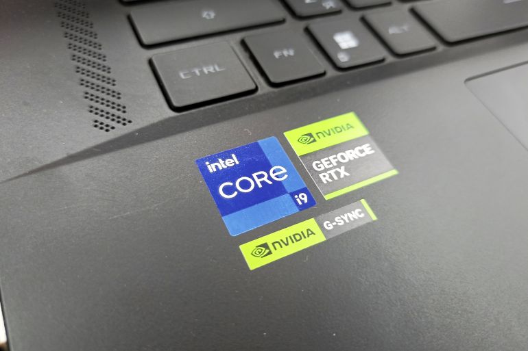 456ytf-1759752835 Aktau, Kazakhstan - January 29, 2025: Laptop with intel core i9 and nvidia geforce rtx stickers on keyboard.