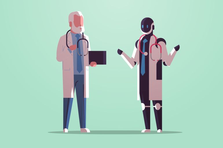 6yfgh-1758455673 robot and human doctors discussing during meeting robotic character vs man with stethoscope standing together healthcare artificial intelligence technology concept flat full length horizontal vector