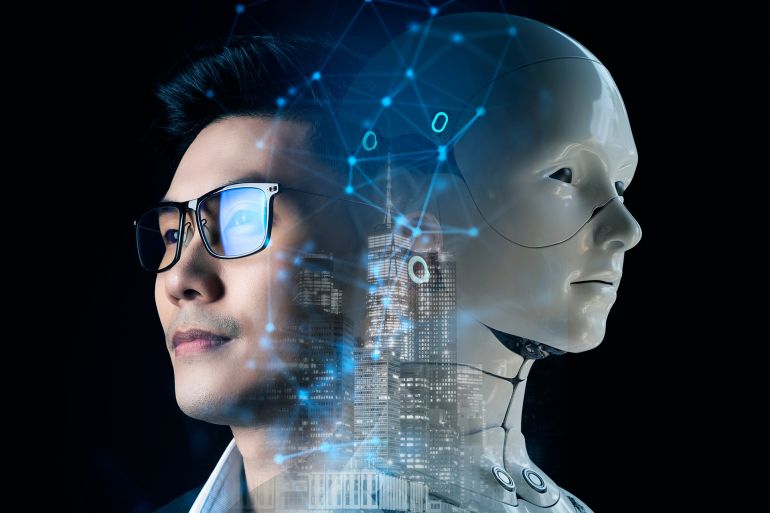Artificial intelligence, futuristic digital technology human and robot face close up, digital smart world metaverse concept