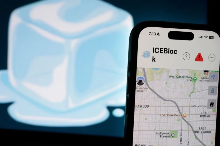 LOS ANGELES, CALIFORNIA - OCTOBER 02: In this photo illustration, the ICEBlock app is displayed on an Apple iPhone on October 02, 2025 in Los Angeles, California. Apple has removed the ICEBlock app from the App Store after a request by U.S. Attorney General Pam Bondi, citing officer safety issues. The immigration enforcement tracking app enables users to report ICE agent sightings in real time. (Photo Illustration by Justin Sullivan/Getty Images)