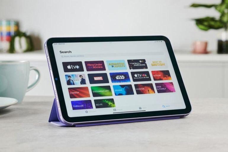 Detail of the Apple TV streaming app on the screen of an Apple iPad Mini, taken on October 6, 2021. (Photo by Olly Curtis/Future Publishing)