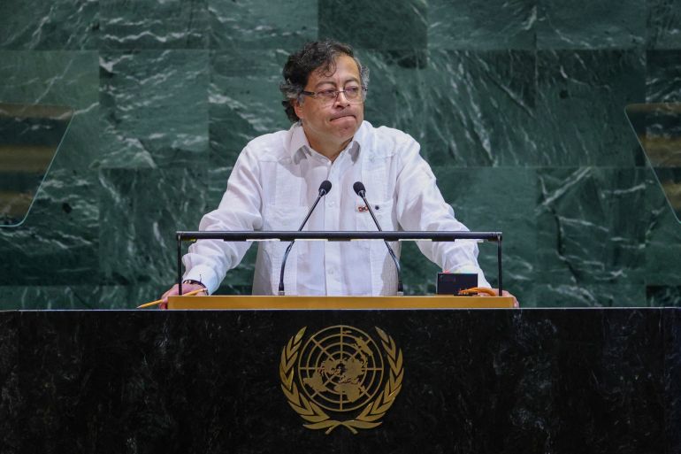 Colombian president Gustavo Petro speaks during the General Debate of the United Nations General Assembly at the UN headquarters in New York City on September 23, 2025.