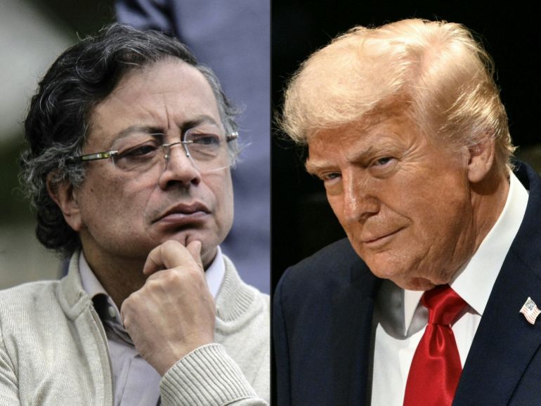 (COMBO) This combination of pictures created on September 29, 2025 shows Colombia's President Gustavo Petro gesturing during the enactment of the new labor law at the Quinta de Bolivar museum in Bogota on June 25, 2025, and US President Donald Trump delivering remarks to the United Nations General Assembly at the UN headquarters in New York City on September 23, 2025.