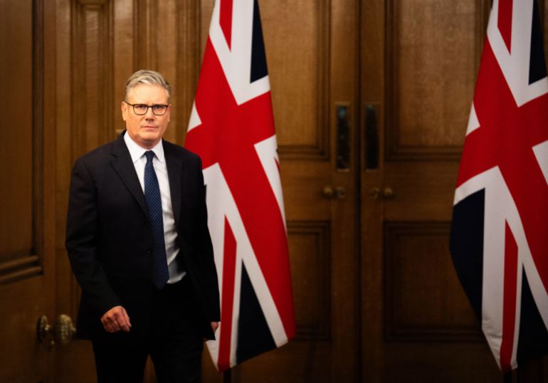 Britain's Prime Minister Keir Starmer arrives to deliver a speech inside 10 Downing Street, in central London, on October 2, 2025.