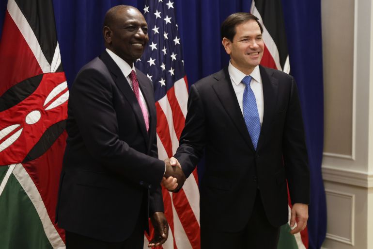 U.S. Secretary of State Marco Rubio, right, and Kenyan President William Ruto shake hands before their meeting as part of the 80th session of the United Nations General Assembly, Wednesday, Sept. 24, 2025, in New York. (AP Photo/Heather Khalifa, Pool)