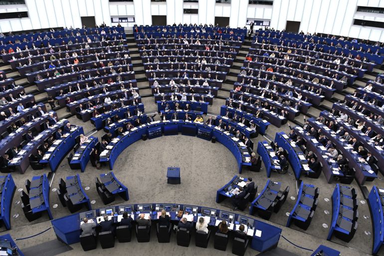 ap_68e6b293923ab-1759949459 European Parliament members attend a session Wednesday, Oct. 8, 2025 at the European Parliament in Strasbourg, eastern France. (AP Photo/Pascal Bastien)
