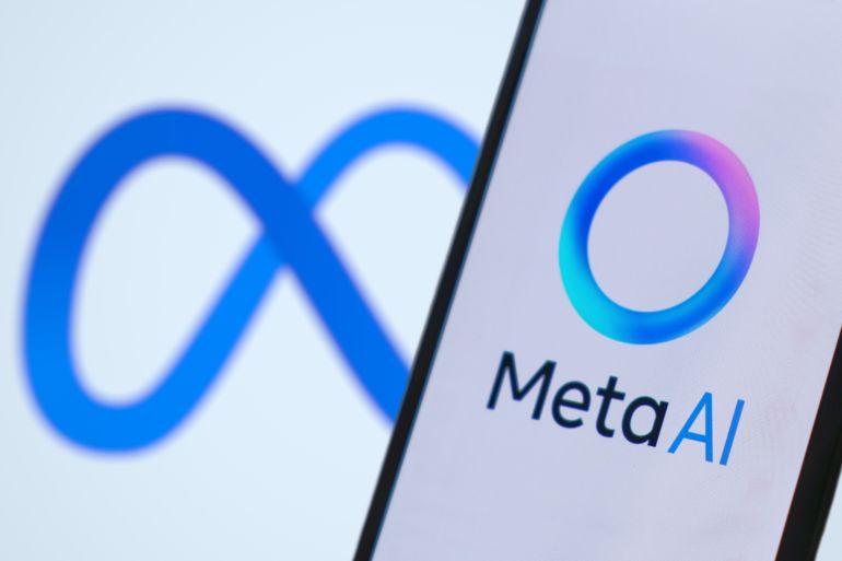 Jakarta - July 18,2024: Meta AI icon seen on smartphone with Meta platforms inc logo on background. is an artificial intelligence laboratory that belongs to Meta Platforms Inc